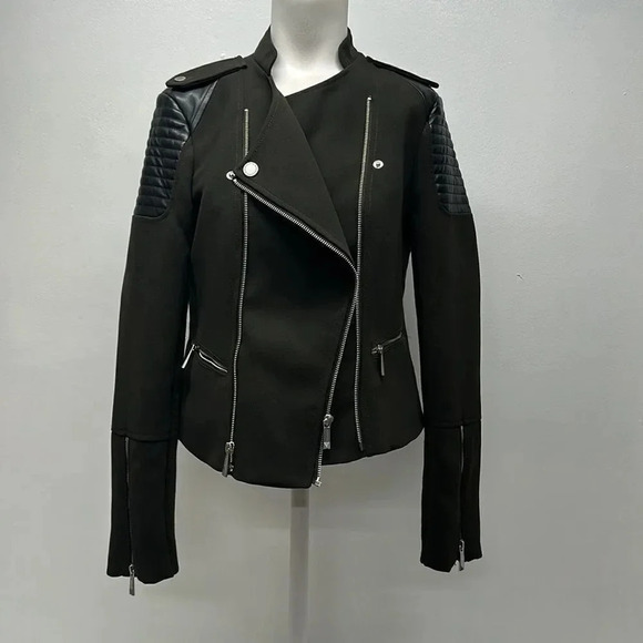 BCBGeneration Moto Jacket Coat Biker Faux Leather Zip Up Green Black Size Small - Picture 1 of 12